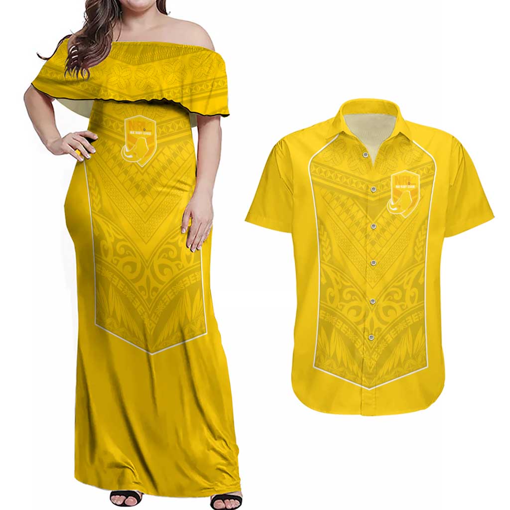 Custom Niue Rugby Couples Matching Off Shoulder Maxi Dress and Hawaiian Shirt Hiapo Tribal Motifs Sporty Style - Polynesian Pride