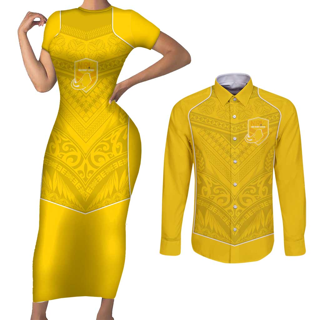 Custom Niue Rugby Couples Matching Short Sleeve Bodycon Dress and Long Sleeve Button Shirt Hiapo Tribal Motifs Sporty Style - Polynesian Pride