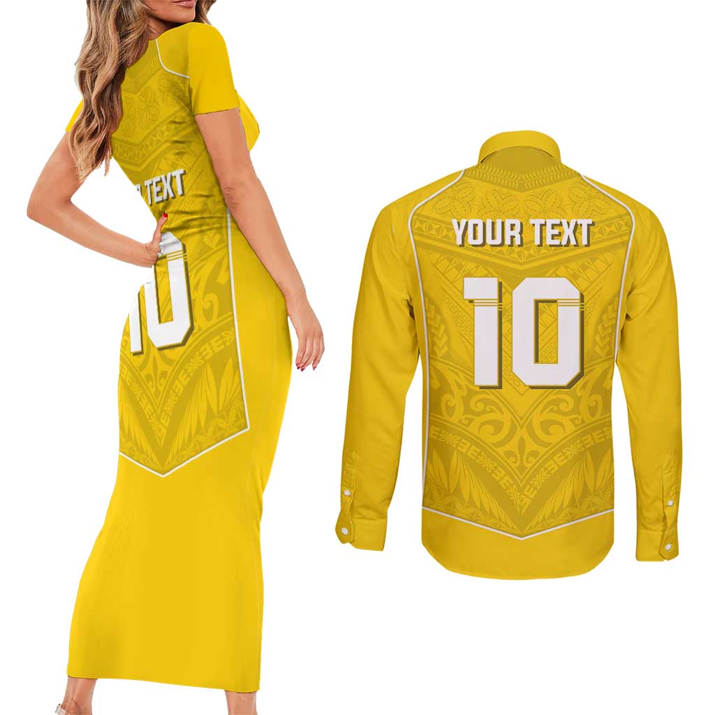 Custom Niue Rugby Couples Matching Short Sleeve Bodycon Dress and Long Sleeve Button Shirt Hiapo Tribal Motifs Sporty Style - Polynesian Pride