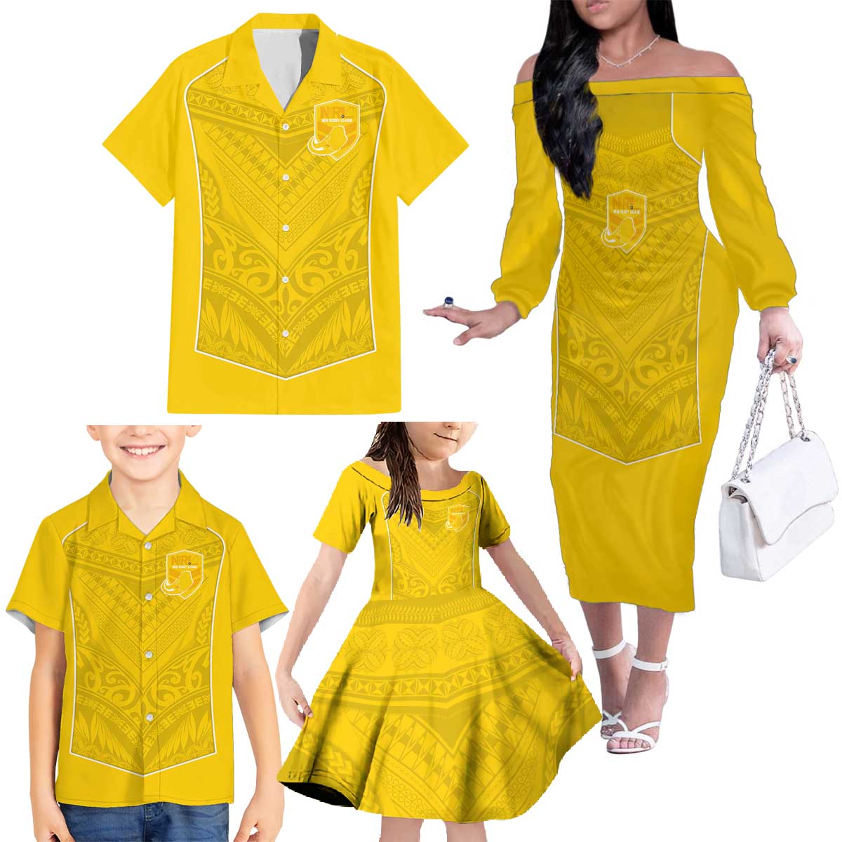 Custom Niue Rugby Family Matching Off The Shoulder Long Sleeve Dress and Hawaiian Shirt Hiapo Tribal Motifs Sporty Style - Polynesian Pride