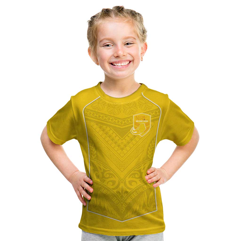 Custom Niue Rugby Kid T Shirt Hiapo Tribal Motifs Sporty Style - Polynesian Pride