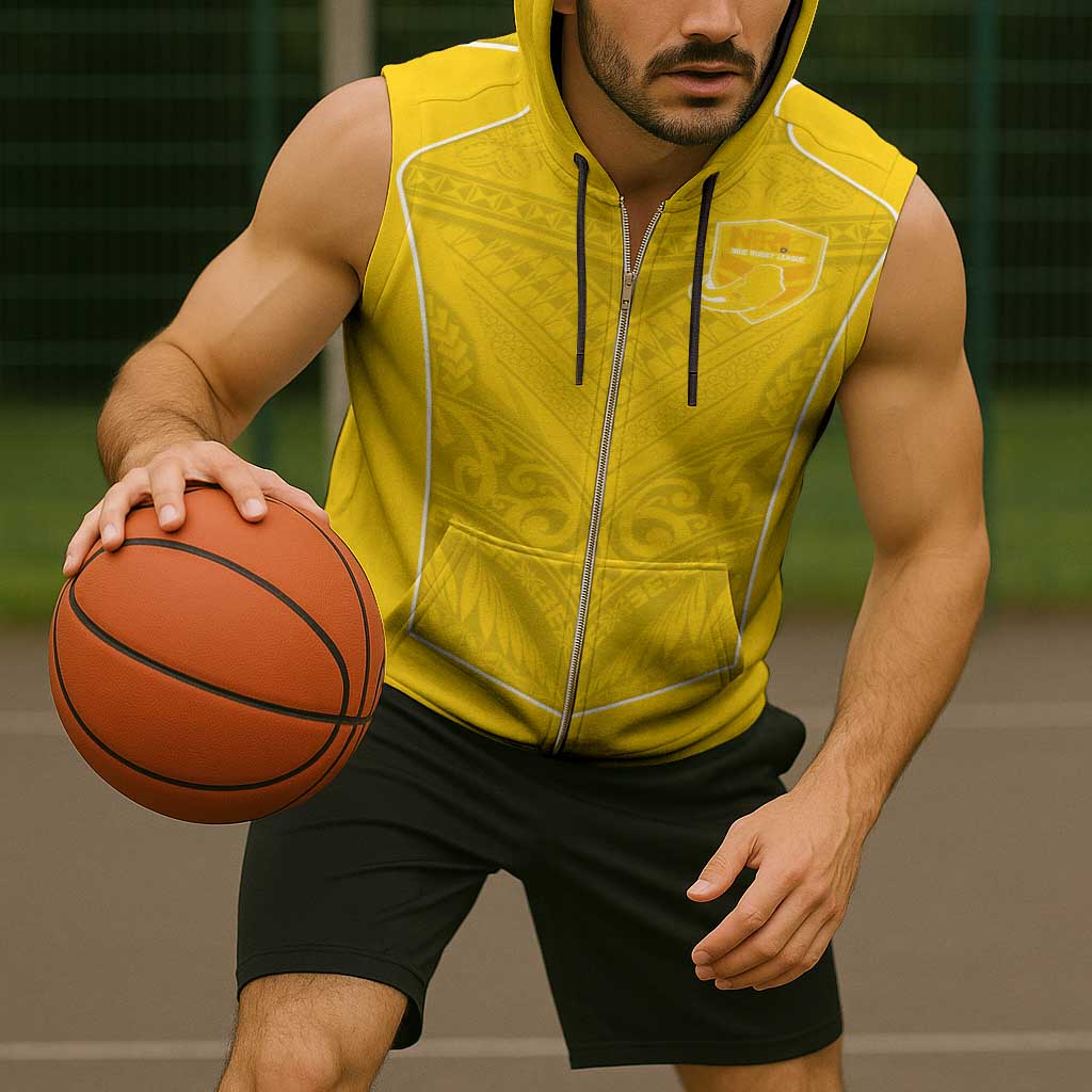 Custom Niue Rugby Sleeveless Zip Hoodie Hiapo Tribal Motifs Sporty Style - Polynesian Pride