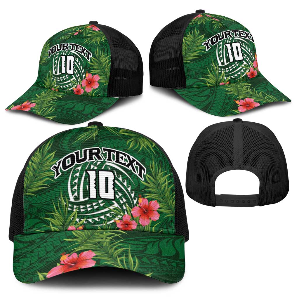 Custom Hawaii Volleyball Baseball Net Cap Kakau Abstract and Tropical Plants Green Color - Polynesian Pride
