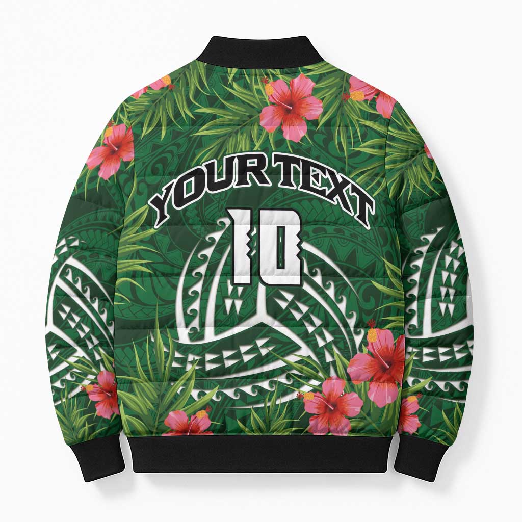 Custom Hawaii Volleyball Bomber Puffer Jacket Kakau Abstract and Tropical Plants Green Color - Polynesian Pride
