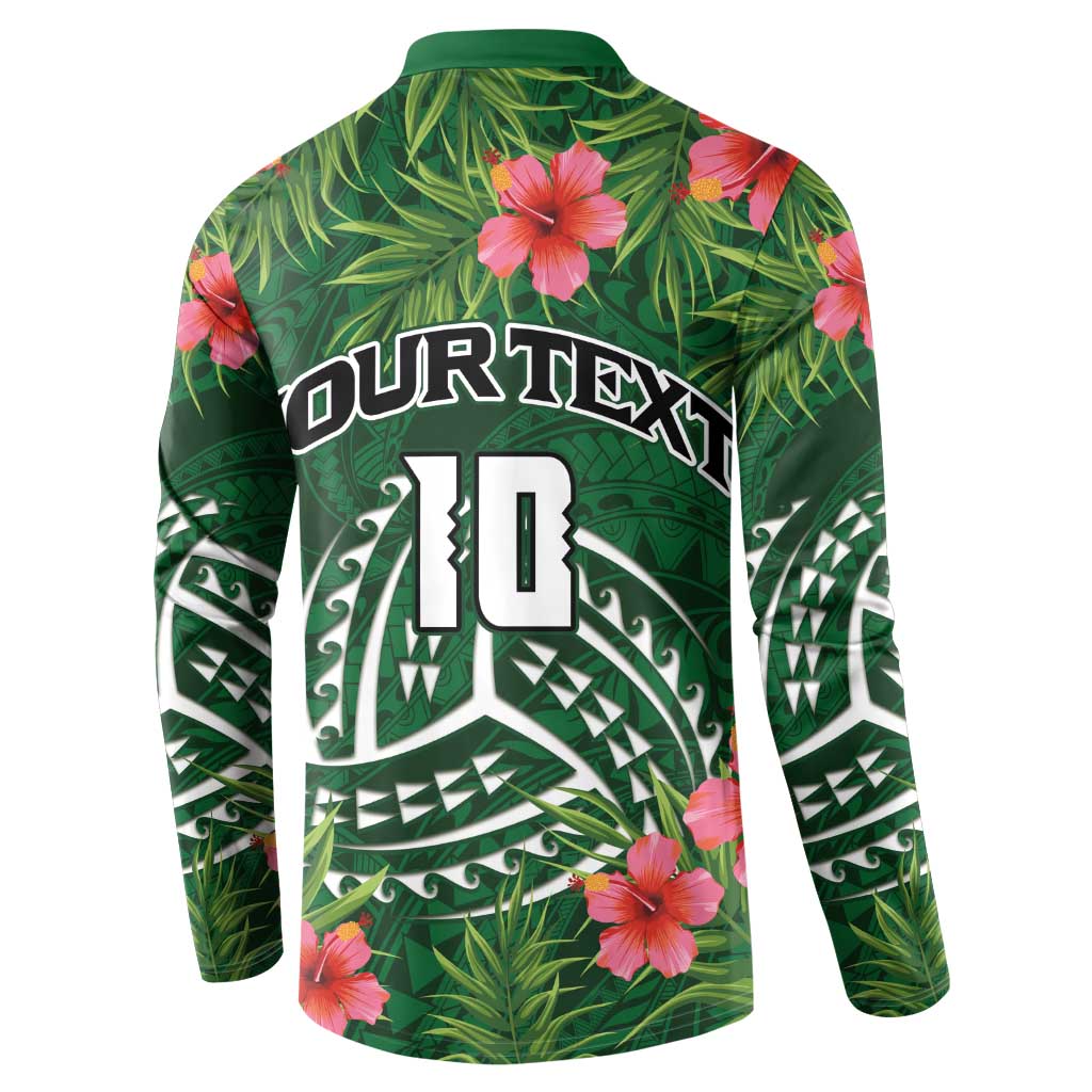 Custom Hawaii Volleyball Button Sweatshirt Kakau Abstract and Tropical Plants Green Color - Polynesian Pride