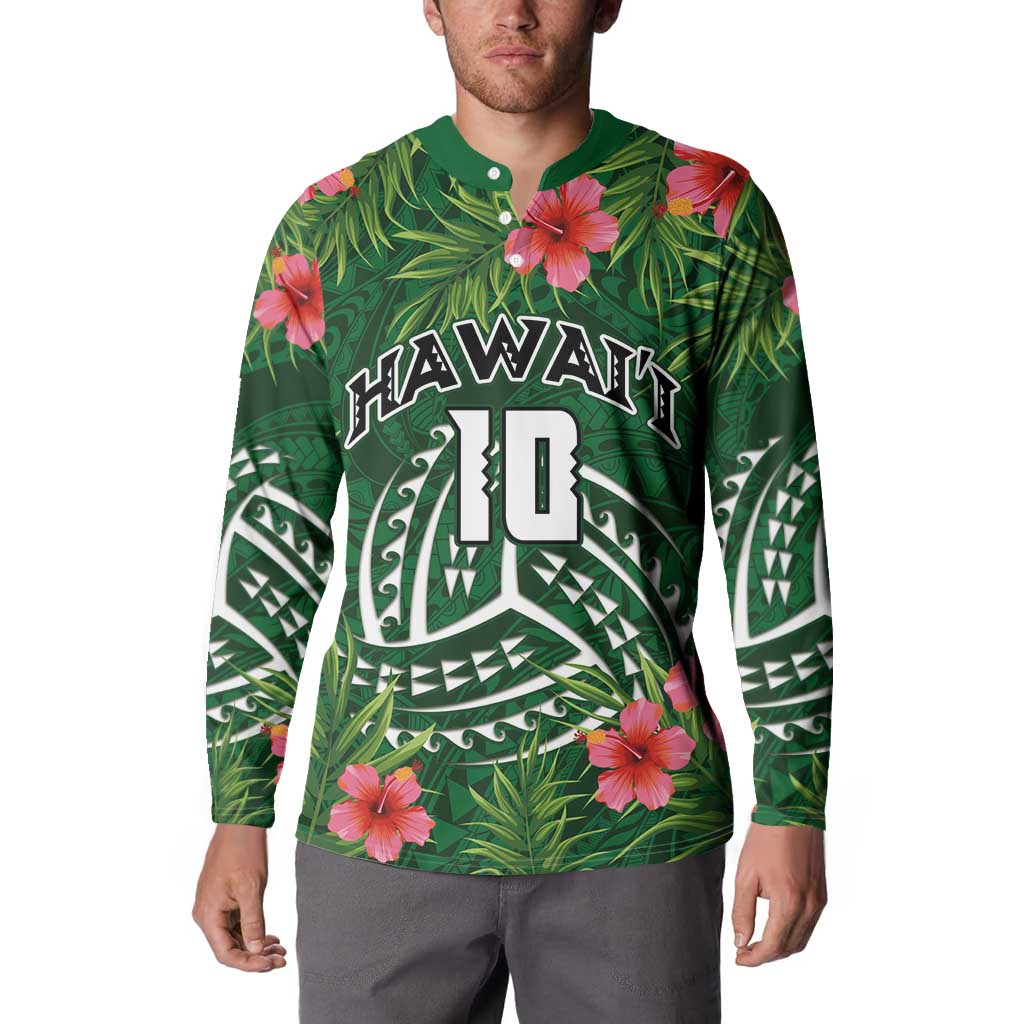 Custom Hawaii Volleyball Button Sweatshirt Kakau Abstract and Tropical Plants Green Color - Polynesian Pride