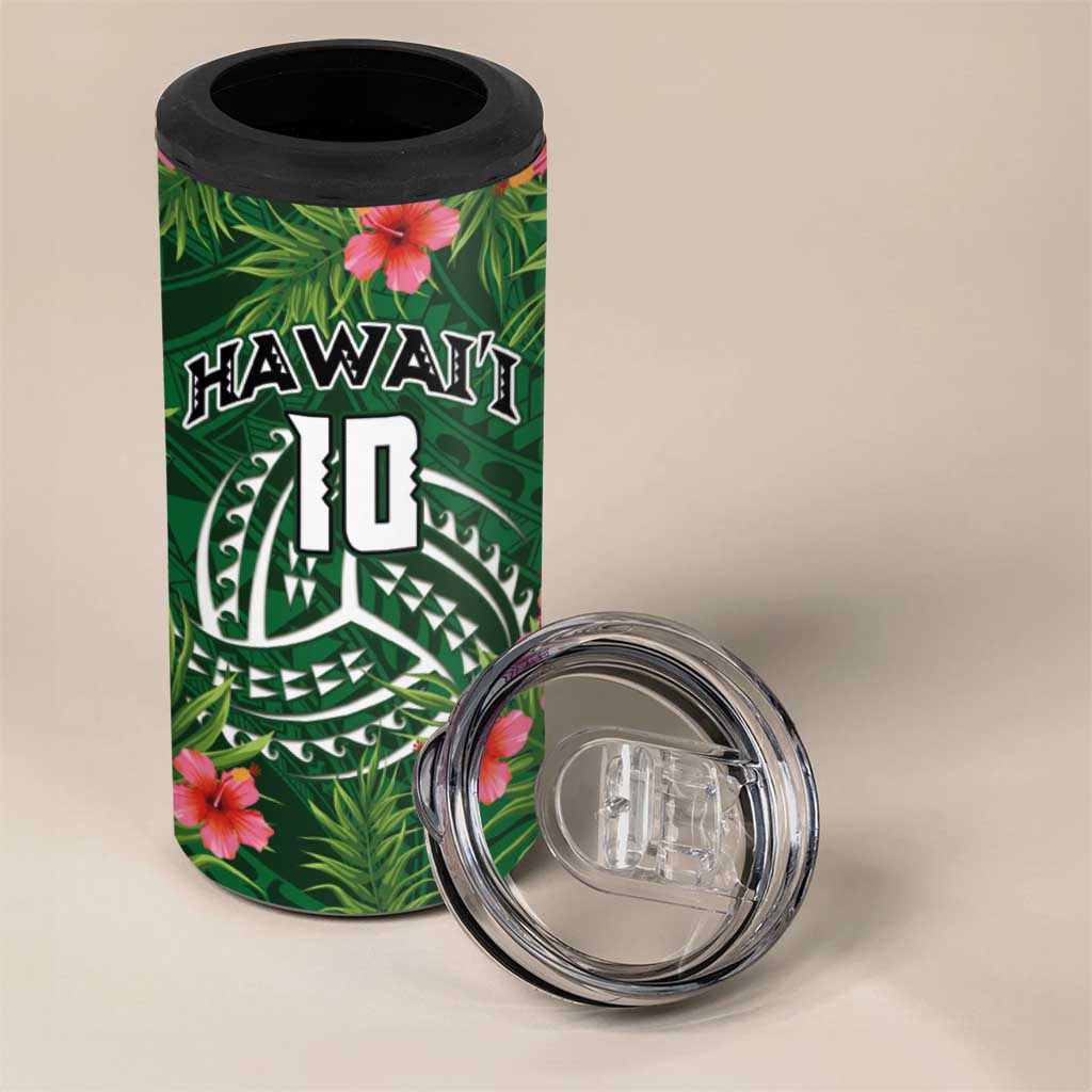 Custom Hawaii Volleyball 4 in 1 Can Cooler Tumbler Kakau Abstract and Tropical Plants Green Color - Polynesian Pride
