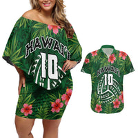 Custom Hawaii Volleyball Couples Matching Off Shoulder Short Dress and Hawaiian Shirt Kakau Abstract and Tropical Plants Green Color - Polynesian Pride