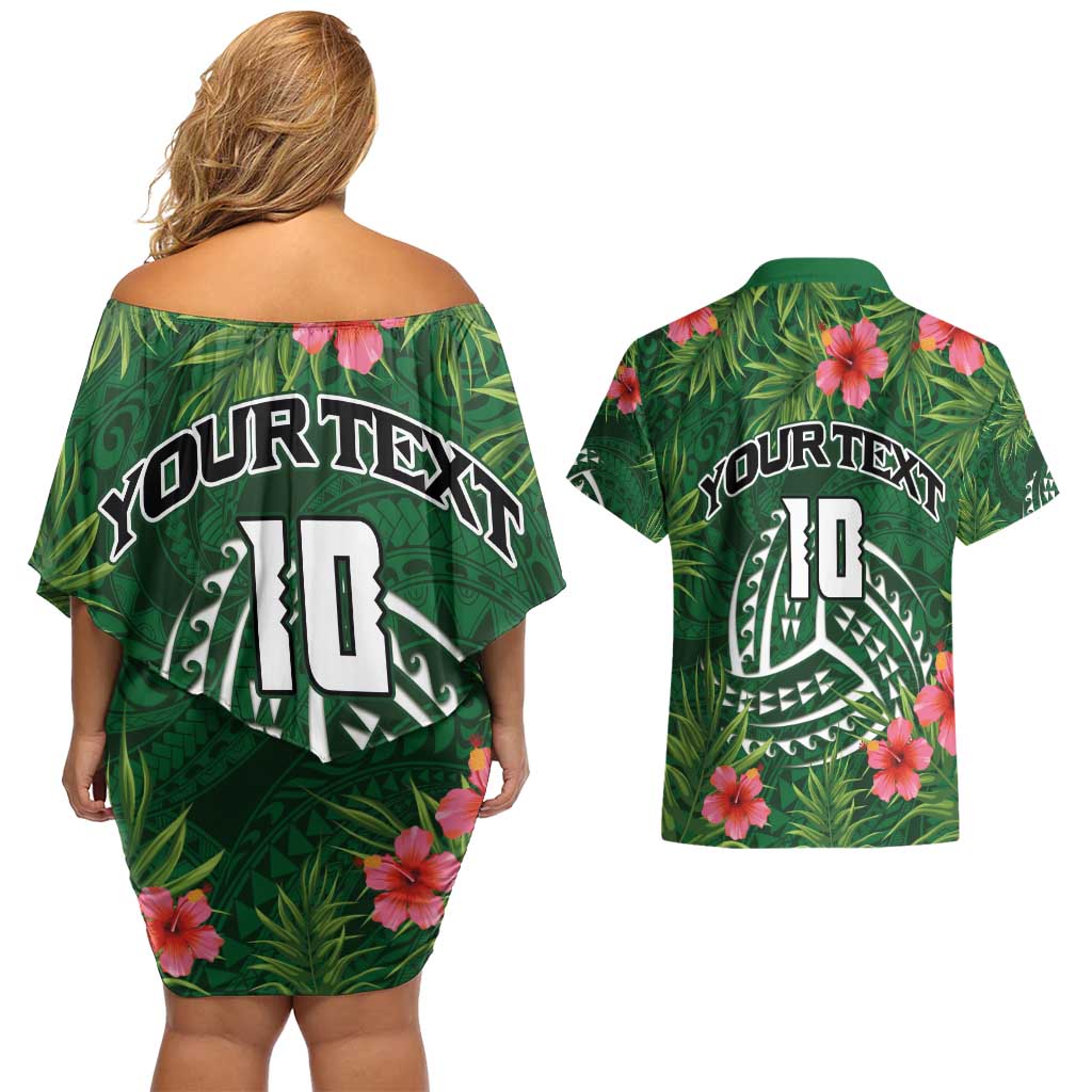 Custom Hawaii Volleyball Couples Matching Off Shoulder Short Dress and Hawaiian Shirt Kakau Abstract and Tropical Plants Green Color - Polynesian Pride