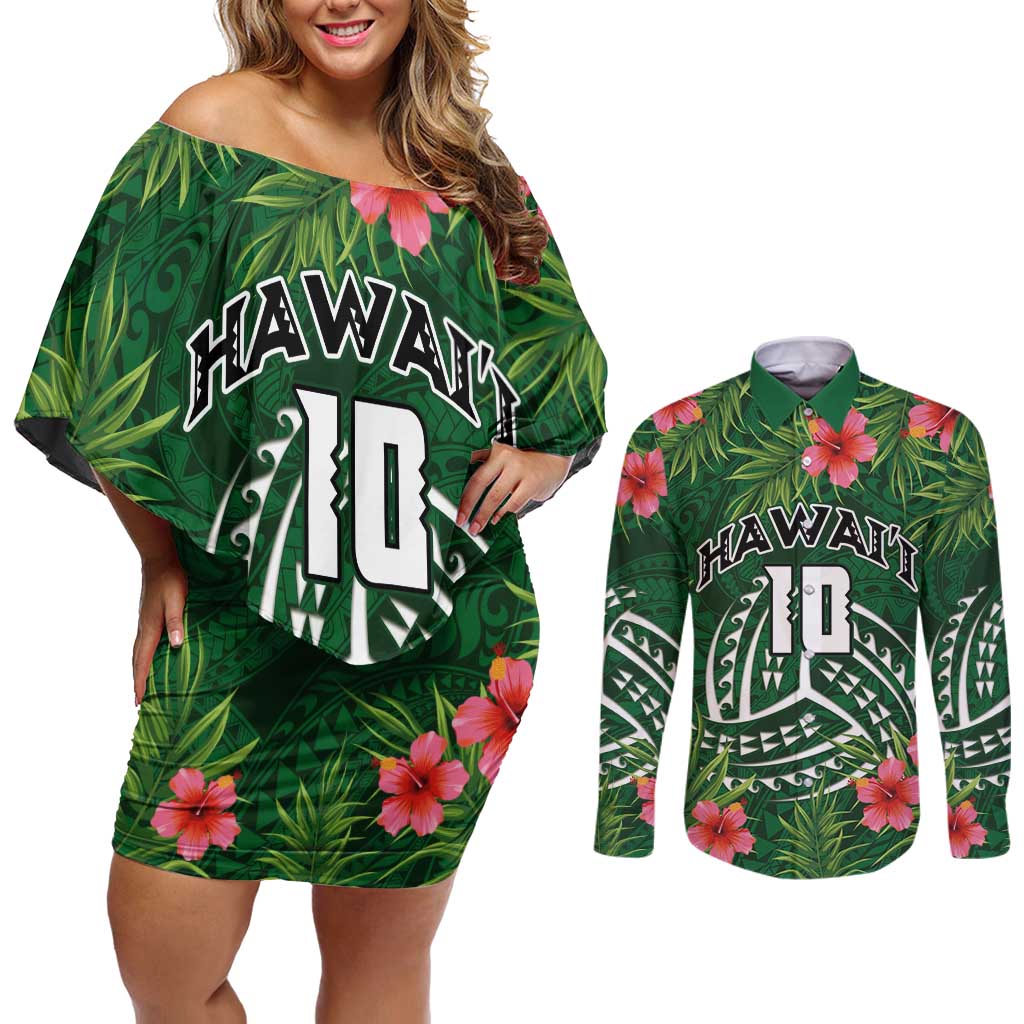 Custom Hawaii Volleyball Couples Matching Off Shoulder Short Dress and Long Sleeve Button Shirt Kakau Abstract and Tropical Plants Green Color - Polynesian Pride