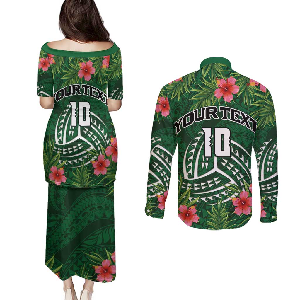 Custom Hawaii Volleyball Couples Matching Puletasi and Long Sleeve Button Shirt Kakau Abstract and Tropical Plants Green Color - Polynesian Pride