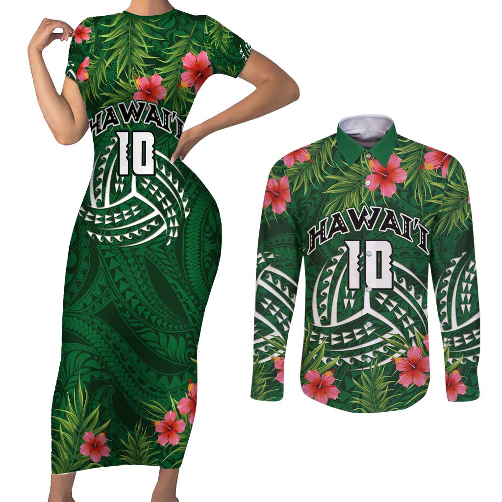 Custom Hawaii Volleyball Couples Matching Short Sleeve Bodycon Dress and Long Sleeve Button Shirt Kakau Abstract and Tropical Plants Green Color - Polynesian Pride