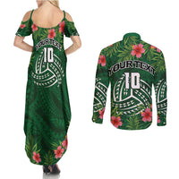 Custom Hawaii Volleyball Couples Matching Summer Maxi Dress and Long Sleeve Button Shirt Kakau Abstract and Tropical Plants Green Color - Polynesian Pride