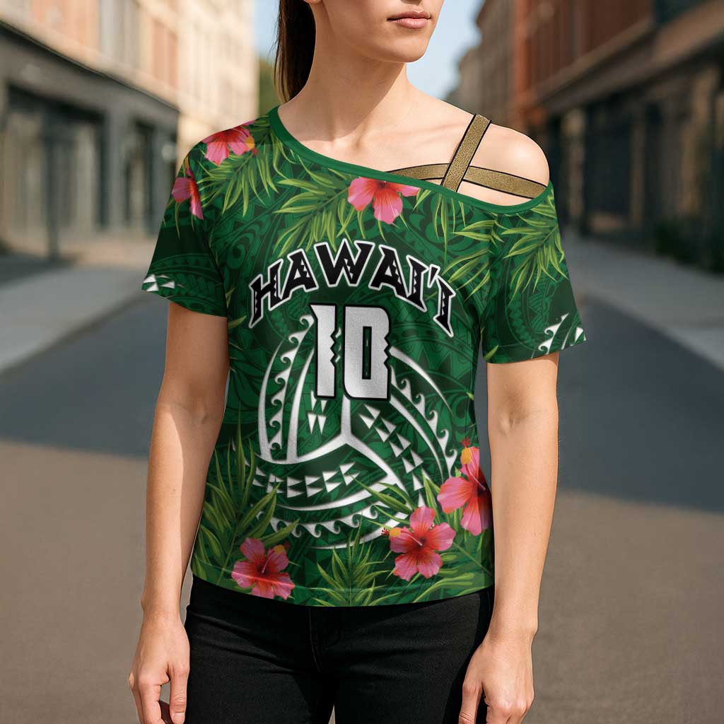 Custom Hawaii Volleyball Cross Shoulder Shirt Kakau Abstract and Tropical Plants Green Color - Polynesian Pride