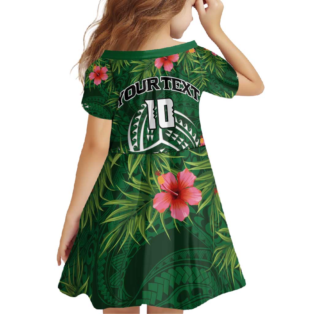 Custom Hawaii Volleyball Family Matching Long Sleeve Bodycon Dress and Hawaiian Shirt Kakau Abstract and Tropical Plants Green Color - Polynesian Pride