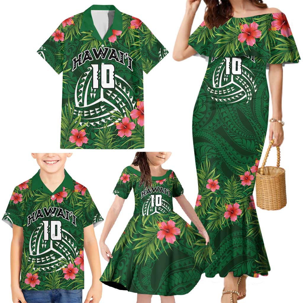 Custom Hawaii Volleyball Family Matching Mermaid Dress and Hawaiian Shirt Kakau Abstract and Tropical Plants Green Color - Polynesian Pride