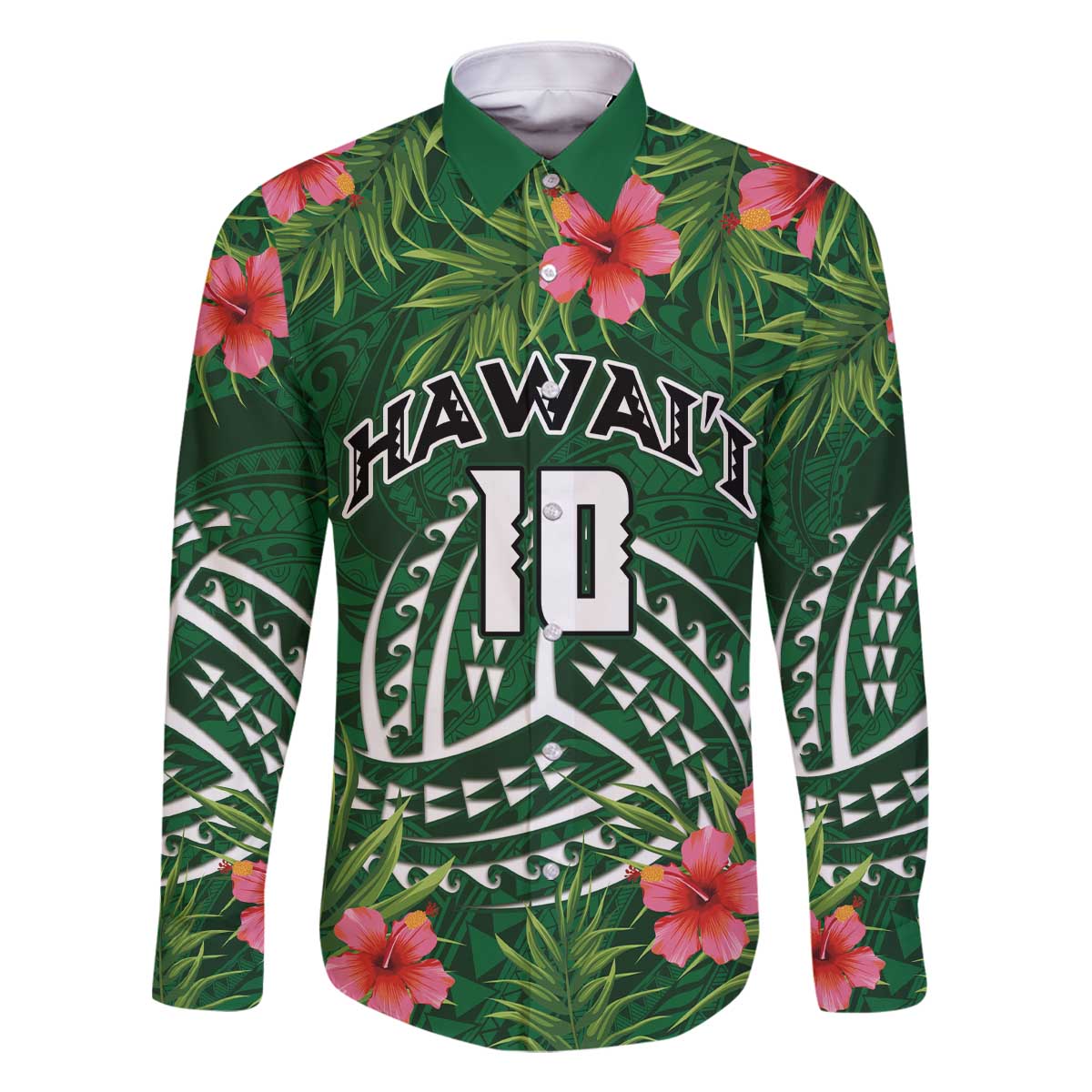 Custom Hawaii Volleyball Family Matching Off The Shoulder Long Sleeve Dress and Hawaiian Shirt Kakau Abstract and Tropical Plants Green Color - Polynesian Pride