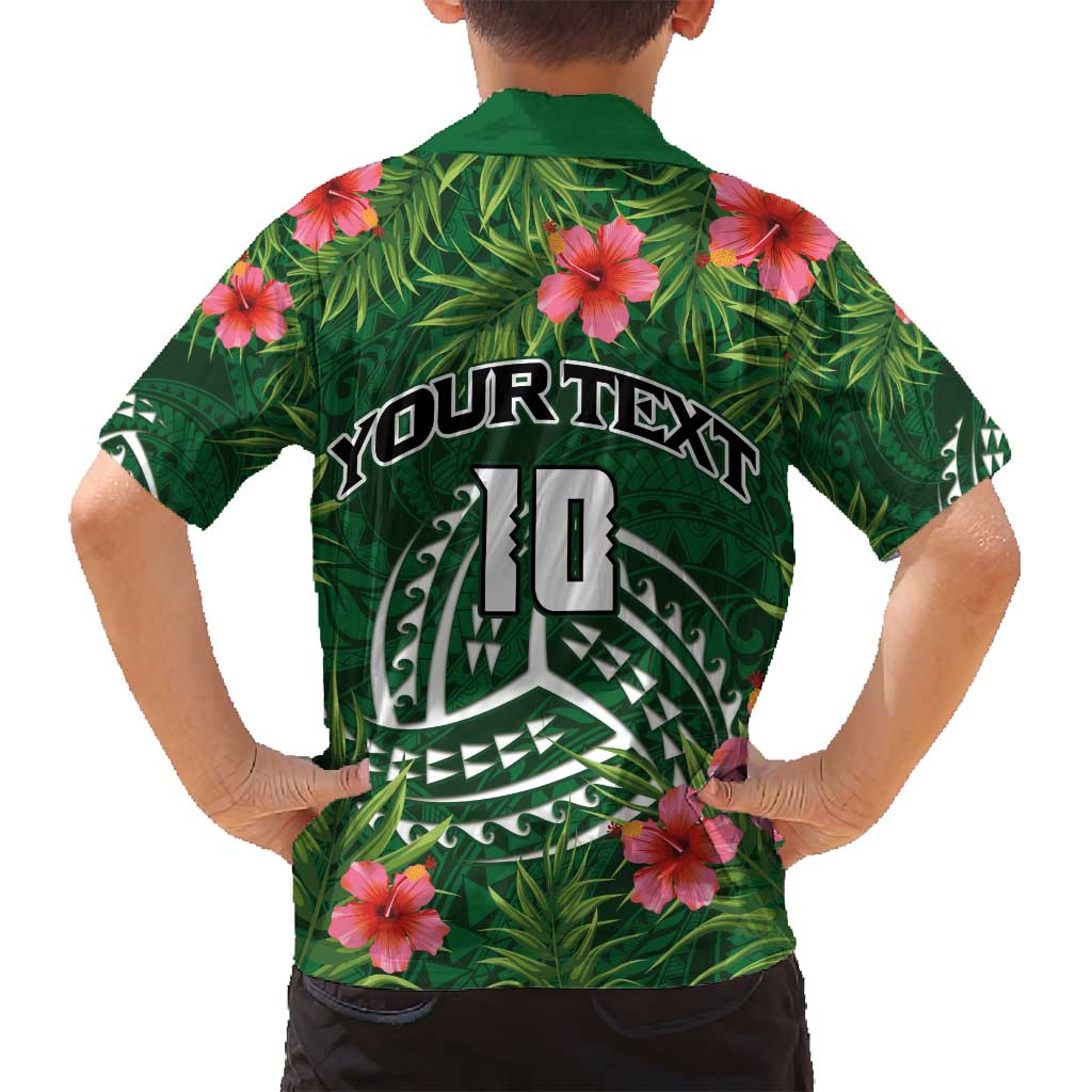 Custom Hawaii Volleyball Family Matching Off Shoulder Short Dress and Hawaiian Shirt Kakau Abstract and Tropical Plants Green Color - Polynesian Pride