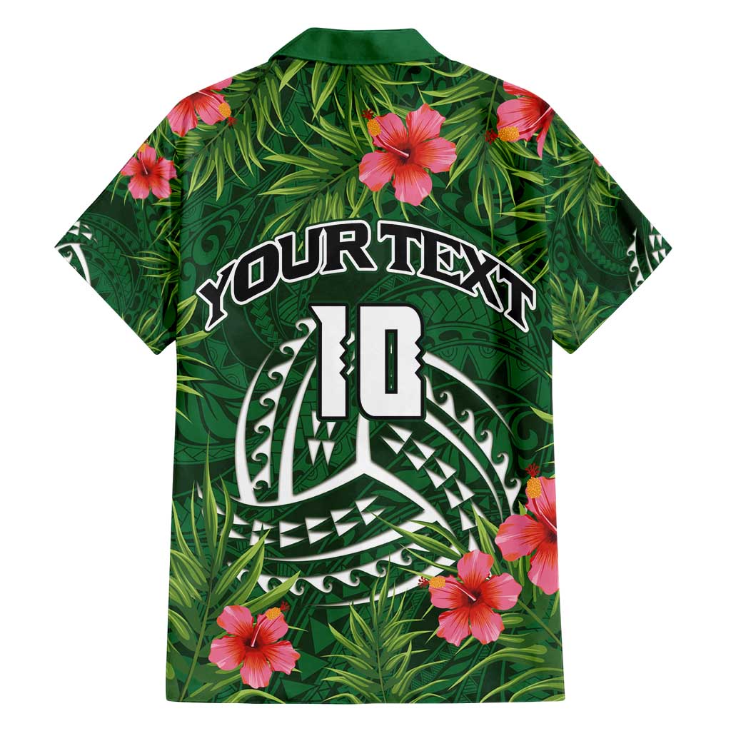 Custom Hawaii Volleyball Family Matching Off Shoulder Short Dress and Hawaiian Shirt Kakau Abstract and Tropical Plants Green Color - Polynesian Pride