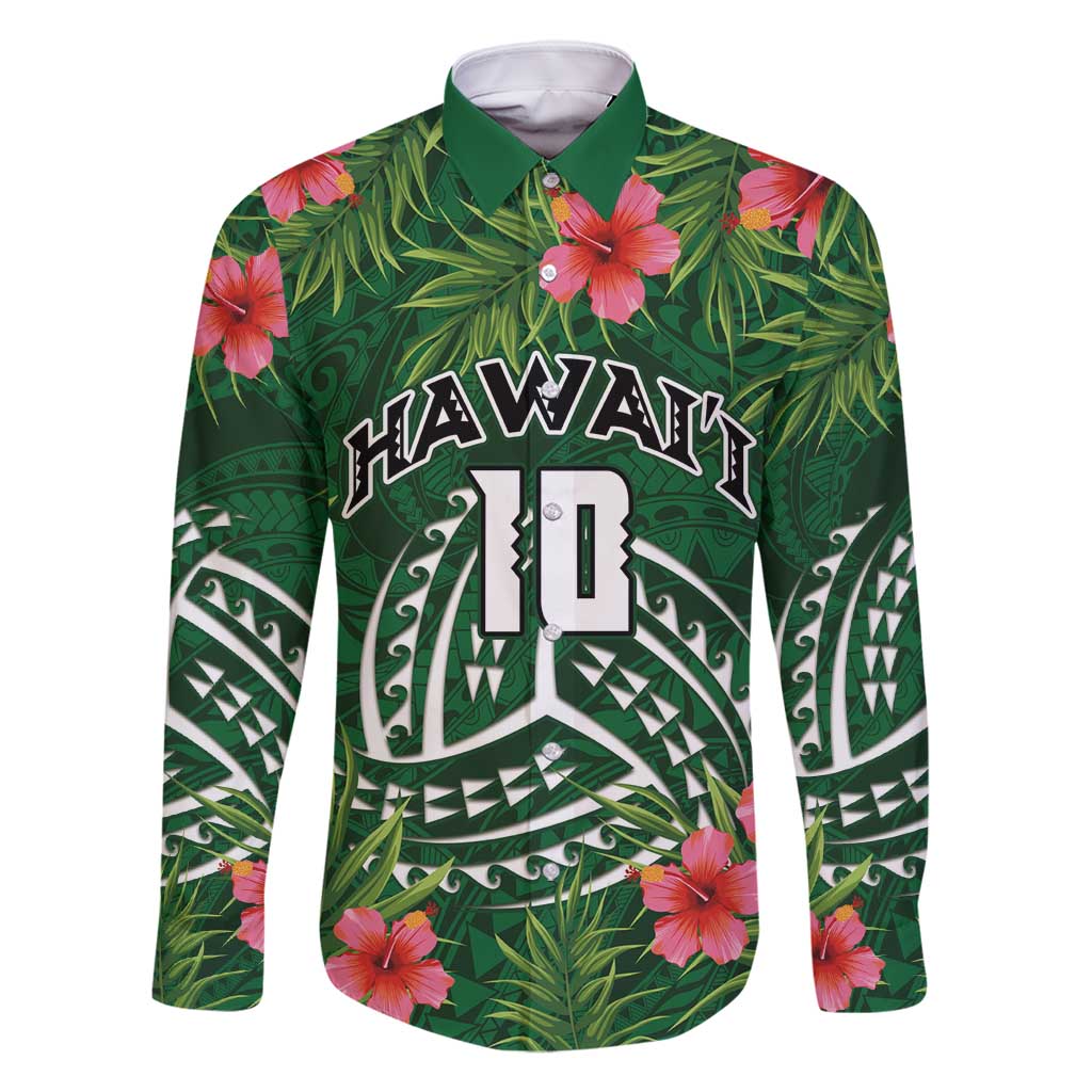 Custom Hawaii Volleyball Family Matching Off Shoulder Short Dress and Hawaiian Shirt Kakau Abstract and Tropical Plants Green Color - Polynesian Pride