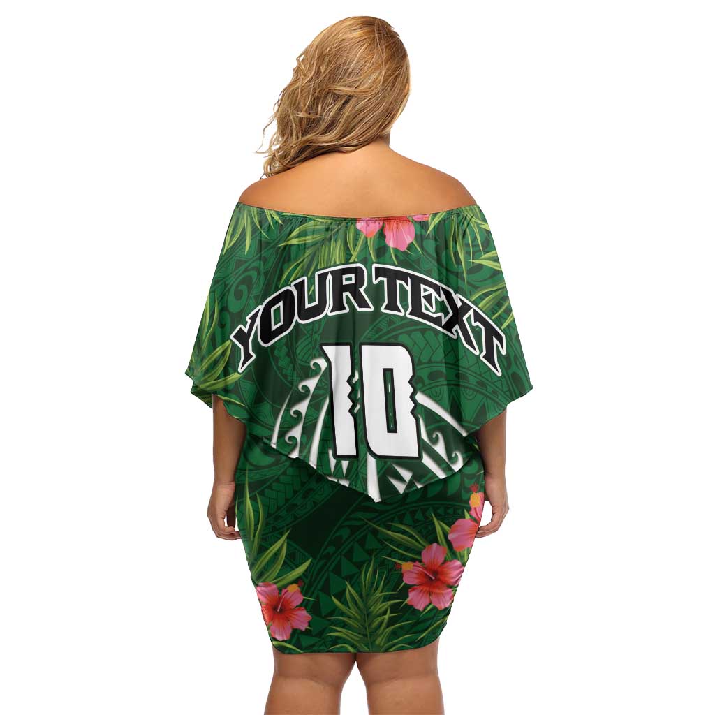 Custom Hawaii Volleyball Family Matching Off Shoulder Short Dress and Hawaiian Shirt Kakau Abstract and Tropical Plants Green Color - Polynesian Pride