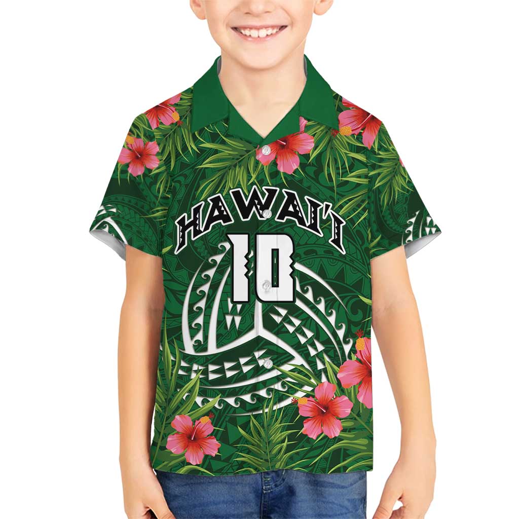 Custom Hawaii Volleyball Family Matching Off Shoulder Short Dress and Hawaiian Shirt Kakau Abstract and Tropical Plants Green Color - Polynesian Pride