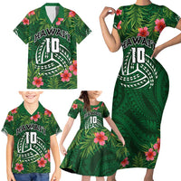 Custom Hawaii Volleyball Family Matching Short Sleeve Bodycon Dress and Hawaiian Shirt Kakau Abstract and Tropical Plants Green Color - Polynesian Pride