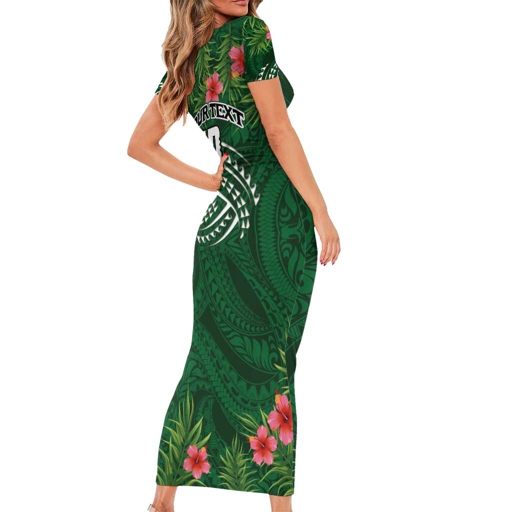 Custom Hawaii Volleyball Family Matching Short Sleeve Bodycon Dress and Hawaiian Shirt Kakau Abstract and Tropical Plants Green Color - Polynesian Pride