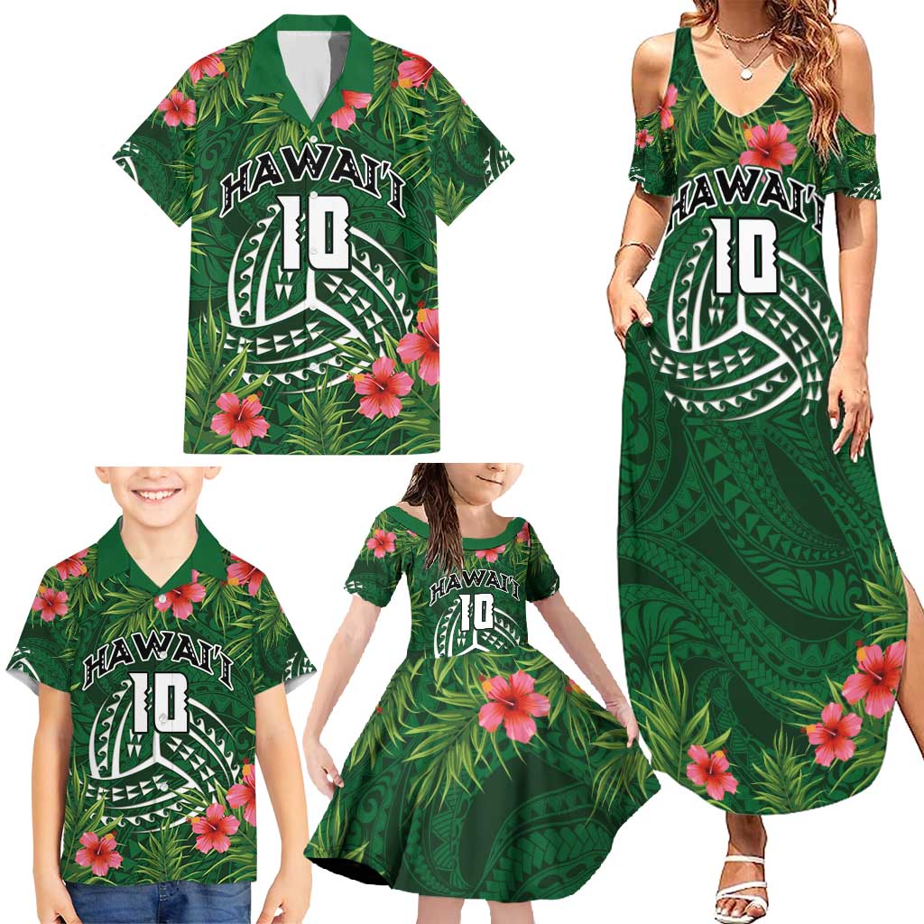 Custom Hawaii Volleyball Family Matching Summer Maxi Dress and Hawaiian Shirt Kakau Abstract and Tropical Plants Green Color - Polynesian Pride