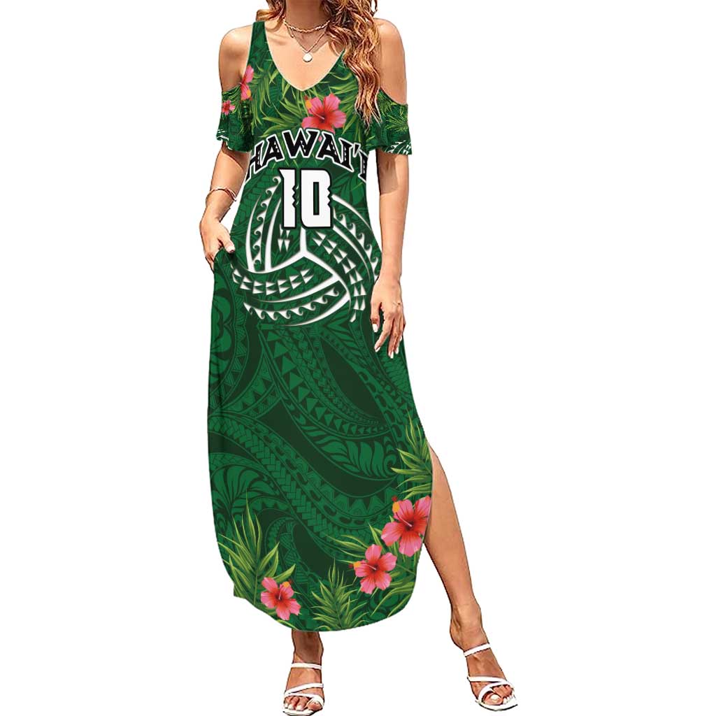 Custom Hawaii Volleyball Family Matching Summer Maxi Dress and Hawaiian Shirt Kakau Abstract and Tropical Plants Green Color - Polynesian Pride