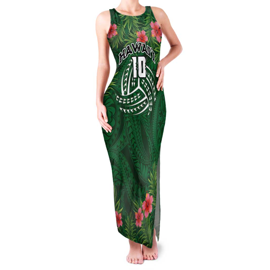 Custom Hawaii Volleyball Family Matching Tank Maxi Dress and Hawaiian Shirt Kakau Abstract and Tropical Plants Green Color - Polynesian Pride