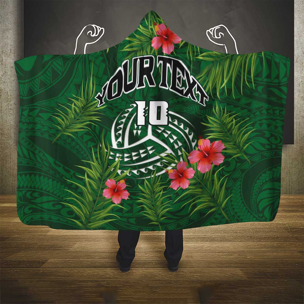 Custom Hawaii Volleyball Hooded Blanket Kakau Abstract and Tropical Plants Green Color - Polynesian Pride