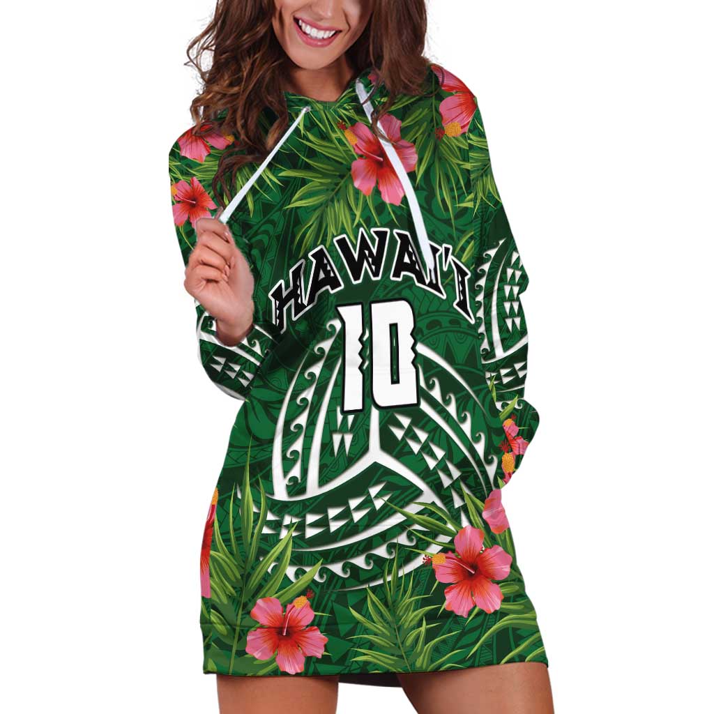 Custom Hawaii Volleyball Hoodie Dress Kakau Abstract and Tropical Plants Green Color - Polynesian Pride