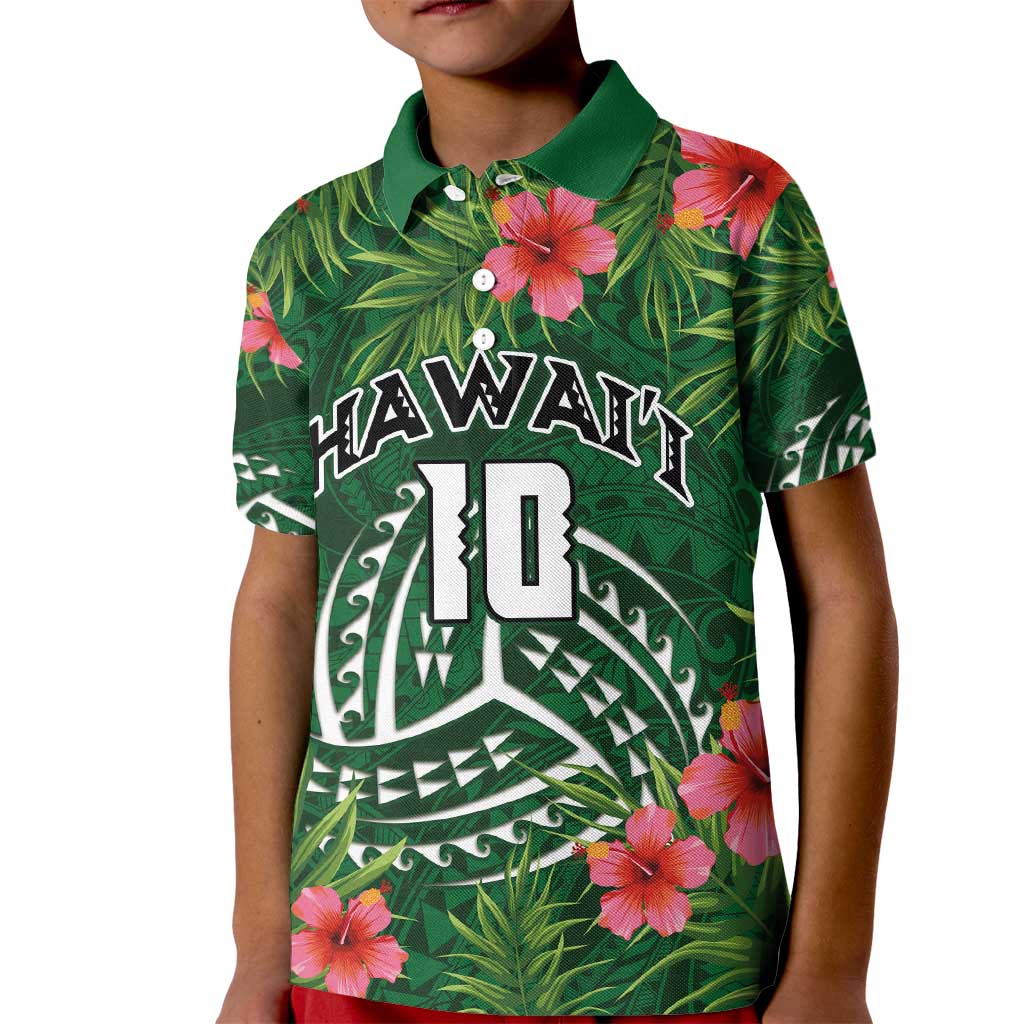 Custom Hawaii Volleyball Kid Polo Shirt Kakau Abstract and Tropical Plants Green Color - Polynesian Pride