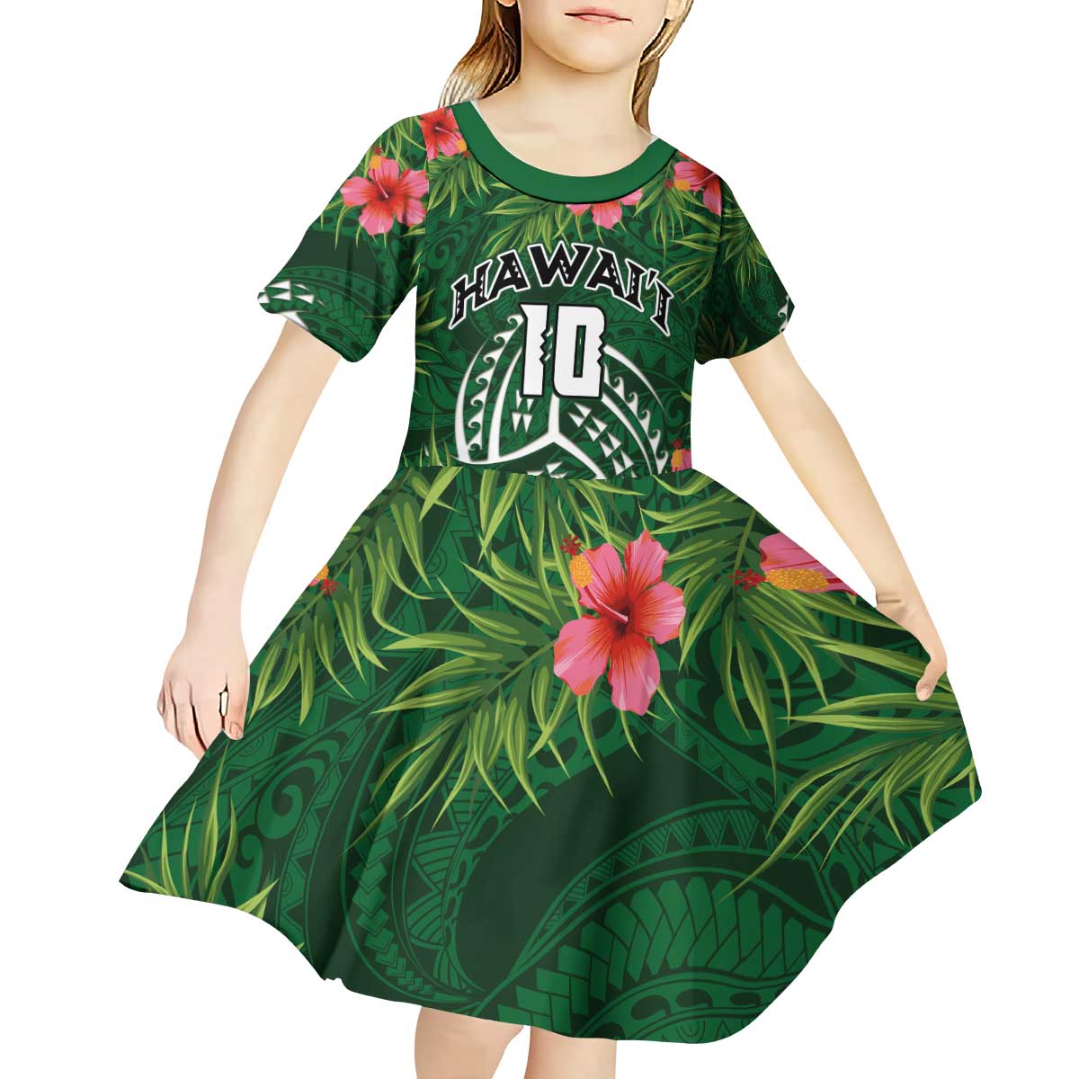 Custom Hawaii Volleyball Kid Short Sleeve Dress Kakau Abstract and Tropical Plants Green Color - Polynesian Pride
