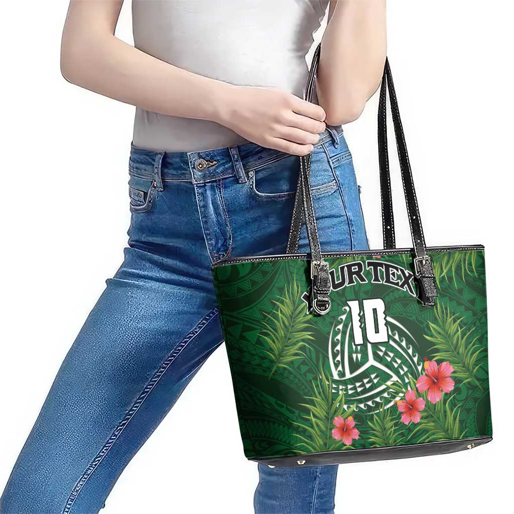 Custom Hawaii Volleyball Leather Tote Bag Kakau Abstract and Tropical Plants Green Color - Polynesian Pride