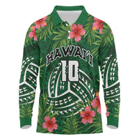 Custom Hawaii Volleyball Long Sleeve Polo Shirt Kakau Abstract and Tropical Plants Green Color - Polynesian Pride