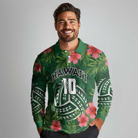 Custom Hawaii Volleyball Long Sleeve Polo Shirt Kakau Abstract and Tropical Plants Green Color - Polynesian Pride