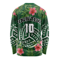Custom Hawaii Volleyball Long Sleeve Shirt Kakau Abstract and Tropical Plants Green Color - Polynesian Pride