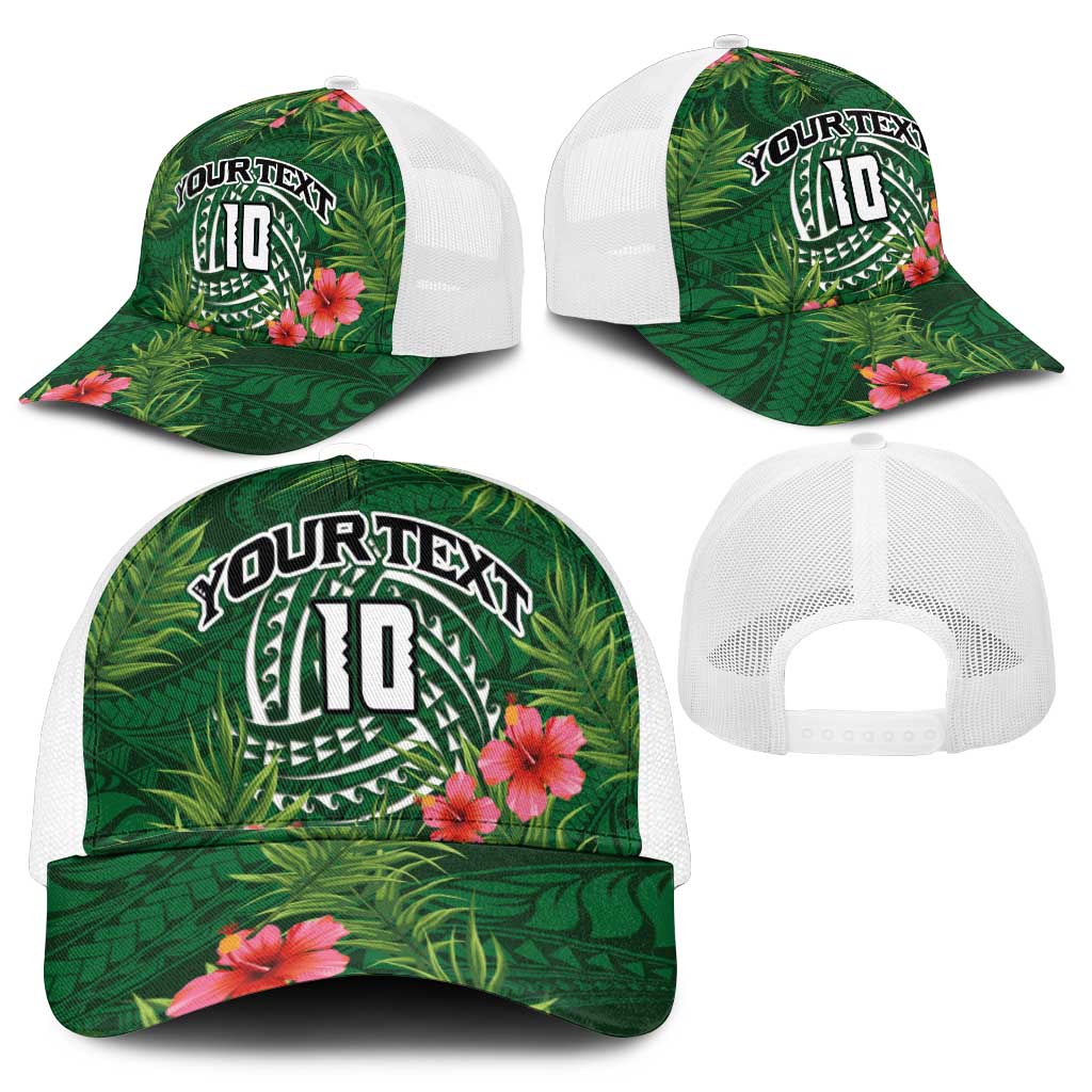 Custom Hawaii Volleyball Mesh Trucker Cap Kakau Abstract and Tropical Plants Green Color - Polynesian Pride