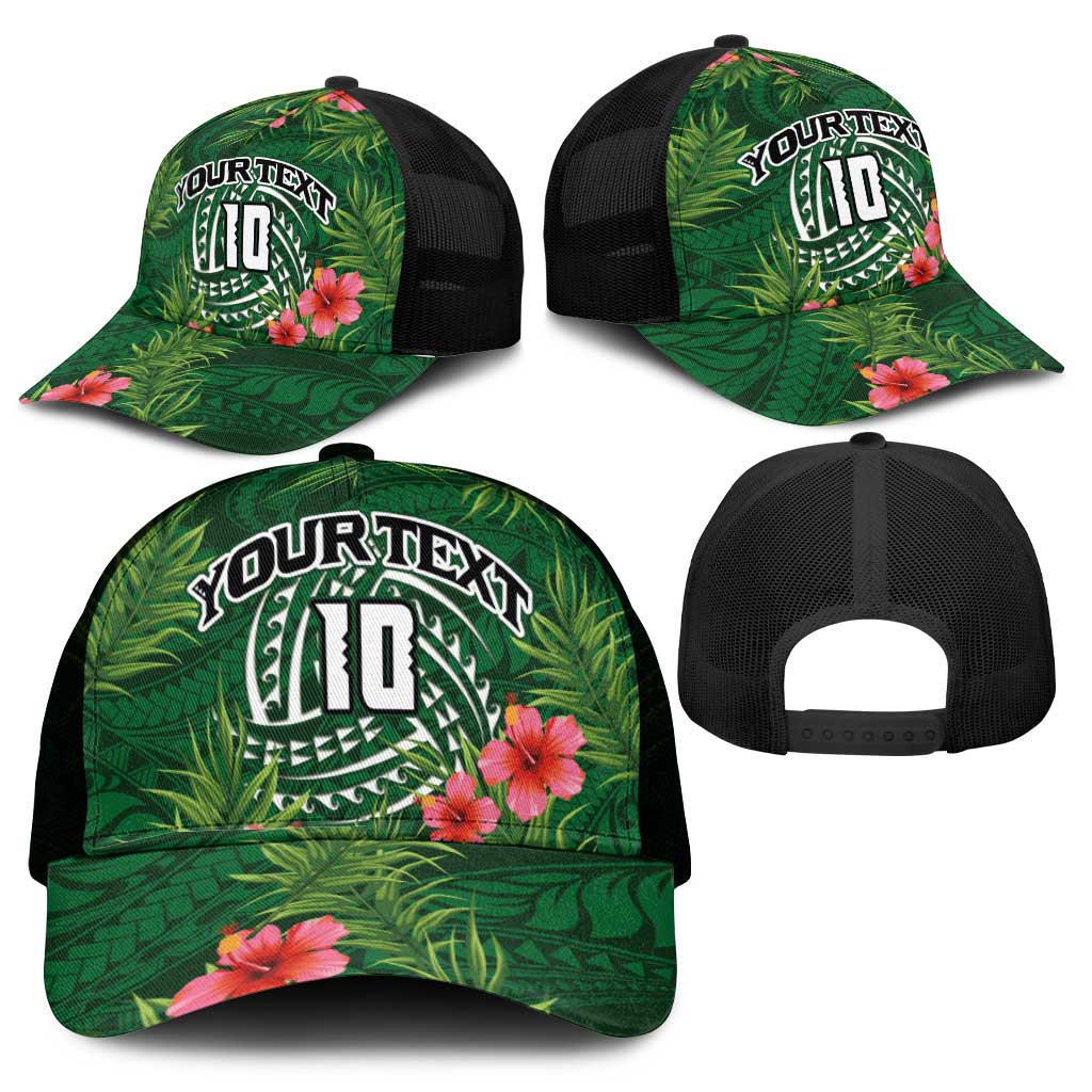 Custom Hawaii Volleyball Mesh Trucker Cap Kakau Abstract and Tropical Plants Green Color - Polynesian Pride