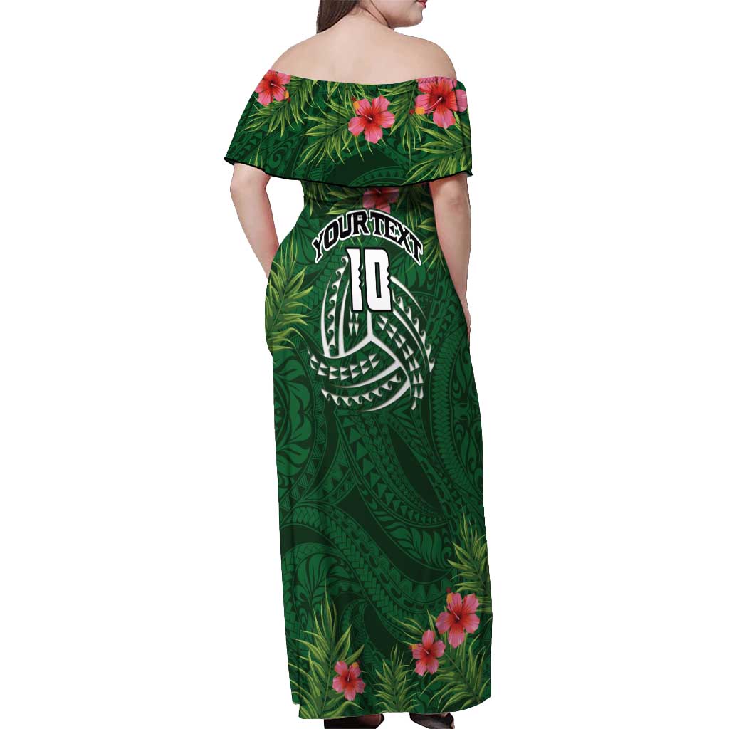 Custom Hawaii Volleyball Off Shoulder Maxi Dress Kakau Abstract and Tropical Plants Green Color - Polynesian Pride