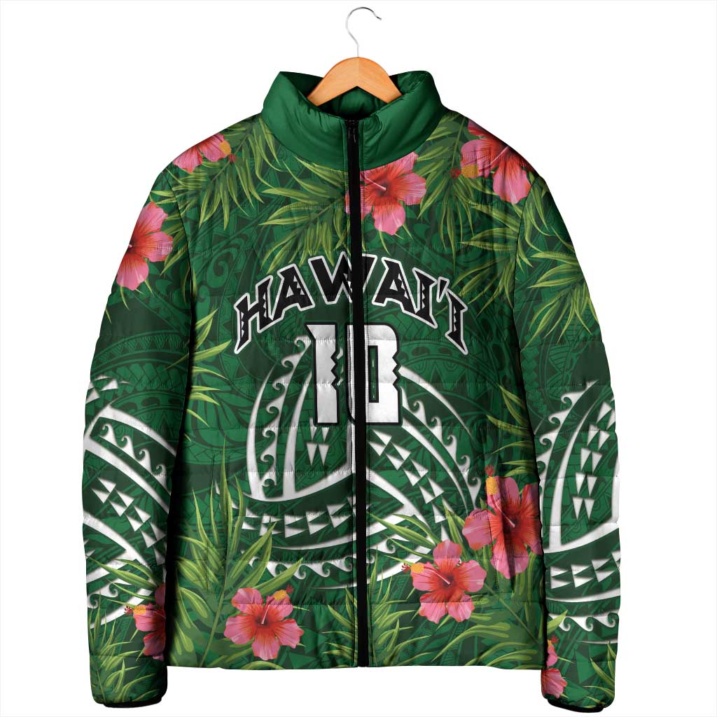 Custom Hawaii Volleyball Padded Jacket Kakau Abstract and Tropical Plants Green Color - Polynesian Pride