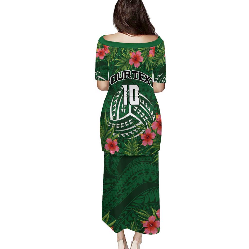 Custom Hawaii Volleyball Puletasi Kakau Abstract and Tropical Plants Green Color - Polynesian Pride