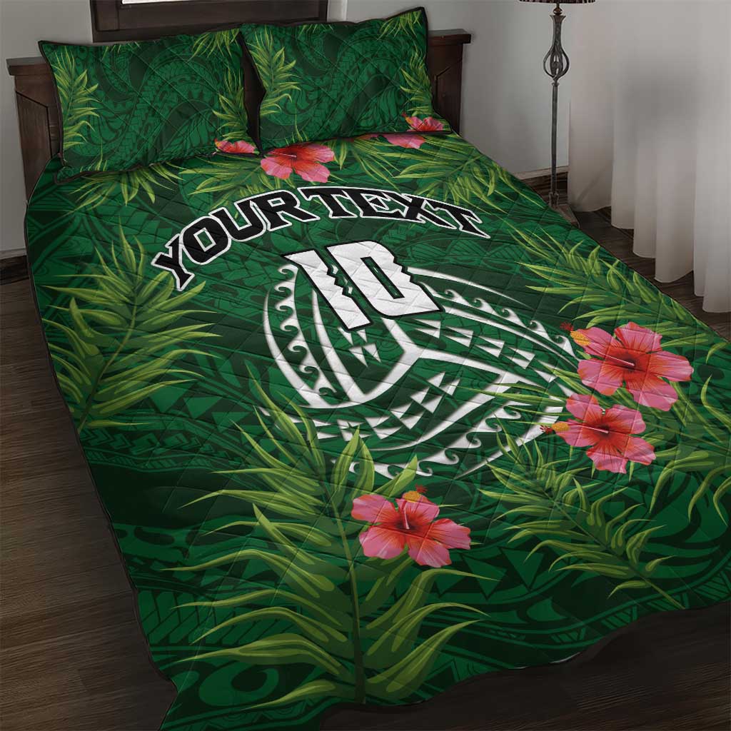 Custom Hawaii Volleyball Quilt Bed Set Kakau Abstract and Tropical Plants Green Color - Polynesian Pride