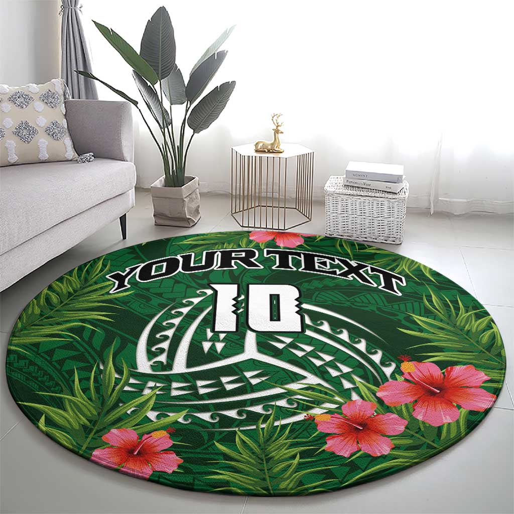 Custom Hawaii Volleyball Round Carpet Kakau Abstract and Tropical Plants Green Color - Polynesian Pride