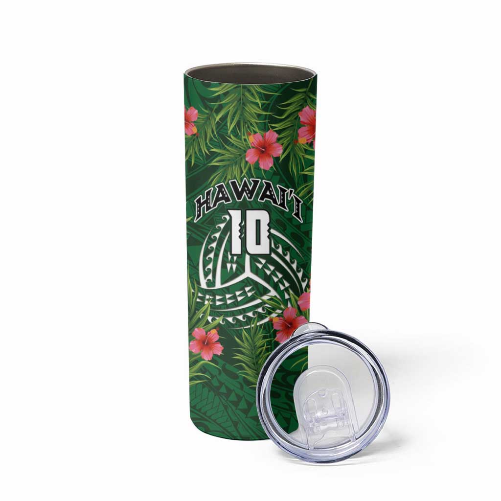 Custom Hawaii Volleyball Skinny Tumbler Kakau Abstract and Tropical Plants Green Color - Polynesian Pride