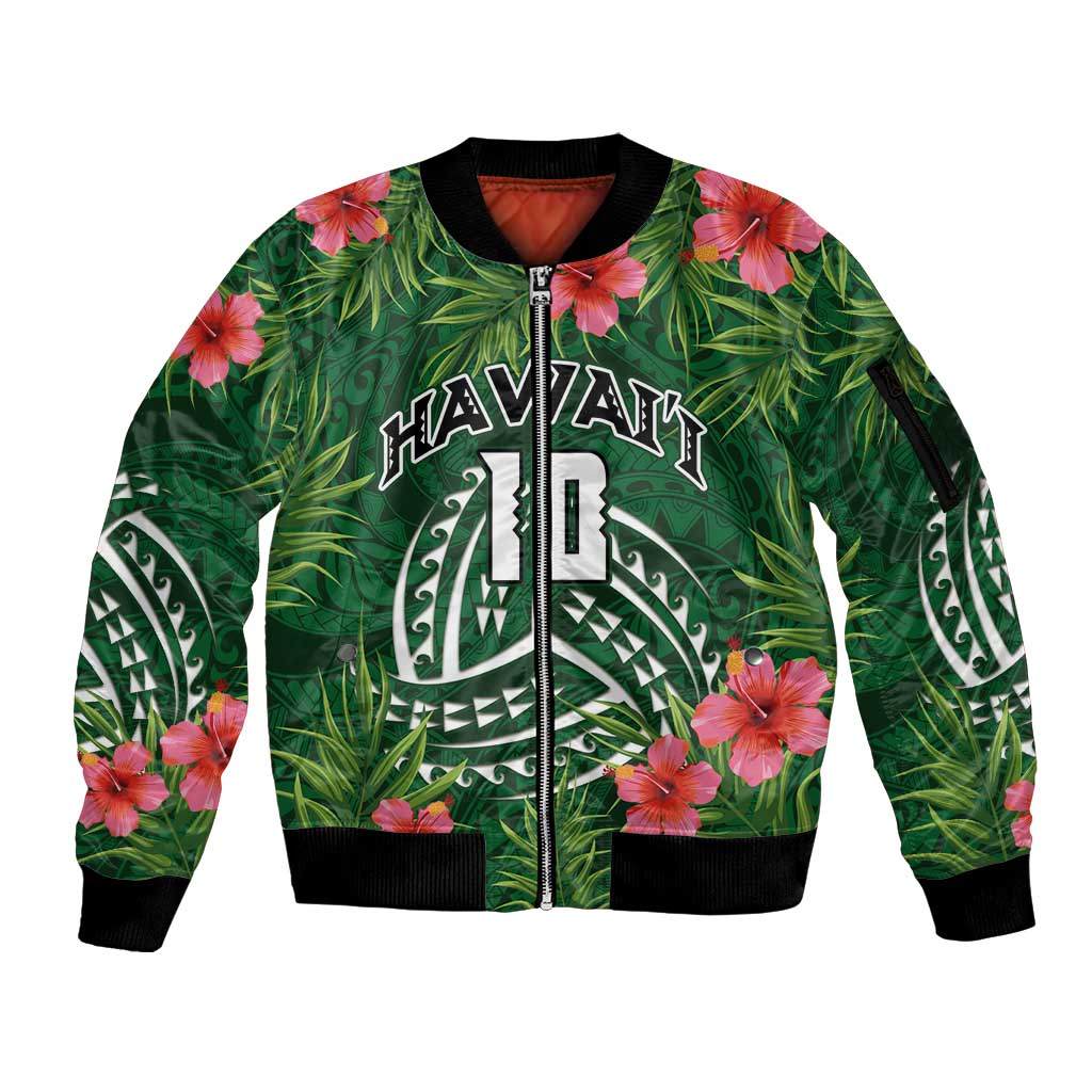 Custom Hawaii Volleyball Sleeve Zip Bomber Jacket Kakau Abstract and Tropical Plants Green Color LT03 Unisex Green - Polynesian Pride