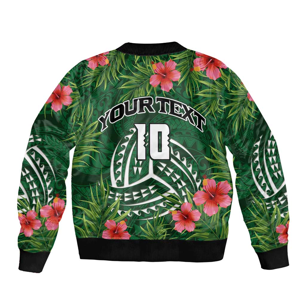 Custom Hawaii Volleyball Sleeve Zip Bomber Jacket Kakau Abstract and Tropical Plants Green Color LT03 - Polynesian Pride