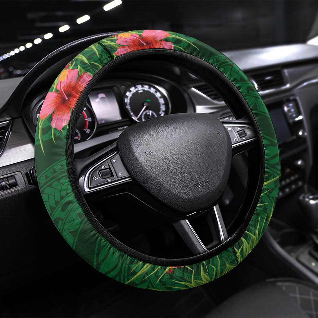 Hawaii Volleyball Steering Wheel Cover Kakau Abstract and Tropical Plants Green Color - Polynesian Pride